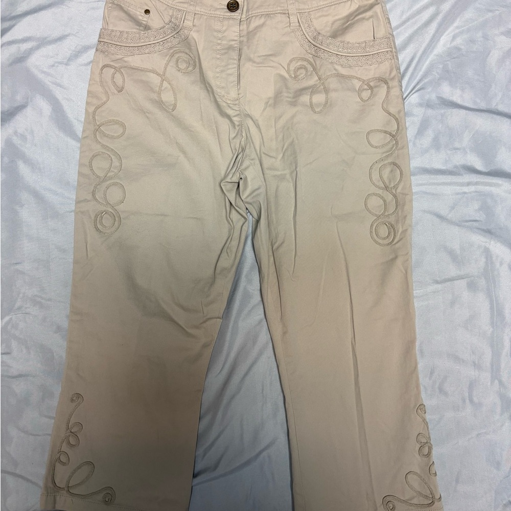 Beige Embroidered Cropped Pants - Women's